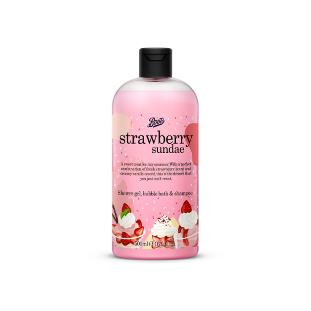 Boots Strawberry Sundae Shower Gel, Bubble Bath & Shampoo 500ml Boots Strawberry Sundae Shower Gel, Bubble Bath & Shampoo 500ml